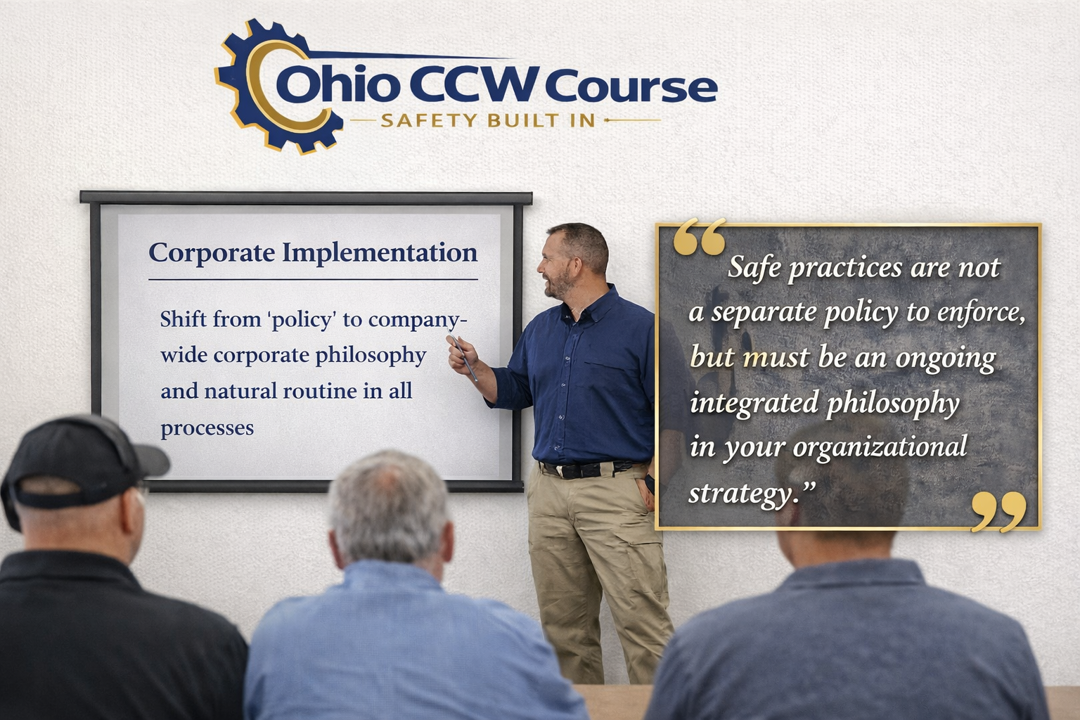Instructor presenting to an audience in a professional classroom setting